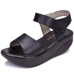 Orlancy Women's Genuine Leather Platform Wedge Ankle Strap Buckle Slip On Summer Sandal Middle-heeled Black