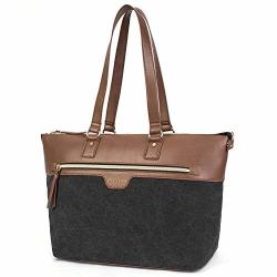 Ladies Laptop Tote Bag 15.6 Inch Canvas Leather Stylish Multi-pocket Travel Business Casual Shopping Shoulder Bag Carrying Briefcase Handbag For Women 13 14 15" Laptop Notebook Macbook Computer Black