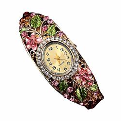 Amydong Women Retro Diamond Bracelet Watch Women Bangle Crystal Flower Bracelet Quartz Watch Wristwatc Pink