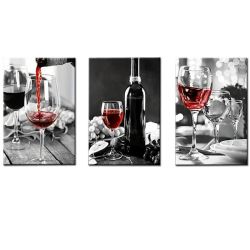 CANVAS-ART-3 Pieces Black & White Red Wine Galss & Bottle Wall Art
