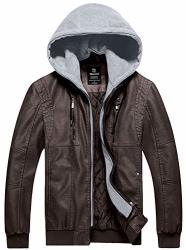 Wantdo Men Faux Leather Jacket Moto Hoodie Jacket Pu Winter Outwear Dark Brown L