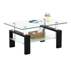 Coffee Table Side Table Glass Tabletop Wooden Leg - Black