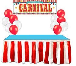 Carnival Circus Party Supplies Decorations - Red And White Striped Table Skirt Plastic Carnival Banner With 10 Red Balloons And 10 White Balloons