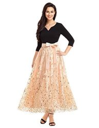Lookbookstore Women's A Line V Neck 3 4 Sleeve Gold Leaf Sequins Applique Pattern Tulle Flowy Flare Circle Belted Long Maxi Bridesmaid Party Prom Dress