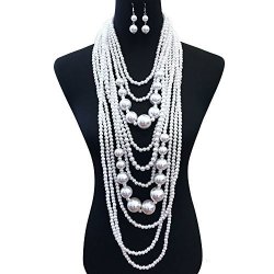 Sp Sophia Collection 1920S Multi Layer Simulated Great Gatsby Bridal Pearl Necklace Strands And Earring Set In White