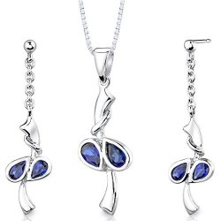 Peora Created Sapphire Pendant Earrings Necklace Sterling Silver 2 Stone Design