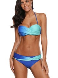 Womens Azokoe Casual Ladies Sweatheart Neck Color Block Print Bandeau Push Up Bikini Swimsuits Bathing Suits With High Waisted Triangle Briefs 2 Piece Blue Green Medium
