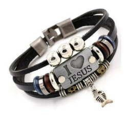I Love Jesus Charm Unisex Steel & Leather Bracelet- M l