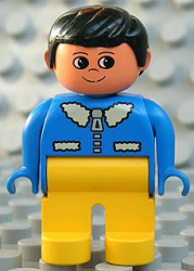 DUPLO Minifigure Preloved Figure Male Yellow Legs Blue Top With White Collar Black Hair 4555PB243