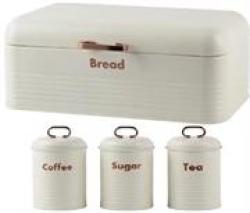 4 Piece Retro Breadbin And Canister Tin Set Combo - Includes Breadbin And Matching Sugar Coffee Tea Canister Tins Colour White Retail Box