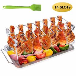 Aishn Chicken Leg Wing Grill Rack Bbq Chicken Drumsticks Rack Stainless Steel Roaster Stand With Drip Pan Hang Up To 14 Chicken Legs Or