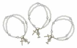 Religious Gifts White Acrylic Bead First Communion Rose Rosary Bracelet With Holy Dove Charm Pack Of 3 7 3 4 Inch