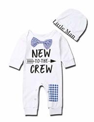 2PCS Newborn Baby Boy Fall Outfits Set New To The Crew White Pajamas Jumpsuit Romper+little Man Letter Print Hat Jumpsuit Style-blue 3-6 Months