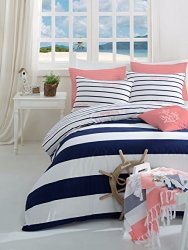 Bekata Marmaris Perfect Design Nautical Bedding Set %100 Cotton Quilt duvet Cover Set And Turkish Peshtemal Towel Stripped Navy Blue White Pink 4 Pcs Single twin Size