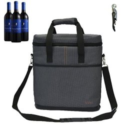 Vina 3 Bottle Wine Carrier - Travel Insulated Wine Carrying Case Tote Bag Case For Champagne Picnic Cooler Gray + Free Corkscrew