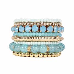 Riah Fashion Multi Color Stretch Beaded Stackable Bracelets - Layering Bead Strand Statement Bangles Light Blue