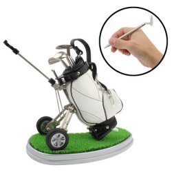 Synthetic Leather Golf Trolley Design Pen Holder With 3 Golf Gear Shaped Pens Plastic Grass Mat...