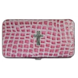 Clutch Wallet - Pink Croc With Cross Badge