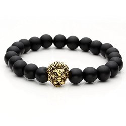 TOP Plaza Jewelry Lava Rock Turquoise Matte Agate Picture Jasper Mens Womens Bracelet Energy Beads Gold Plated Lion Head Matte Black Agate