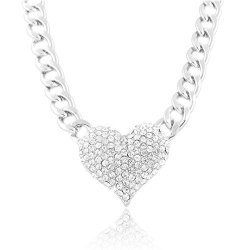 Silvertone Iced Out 3d Heart Pendant With A 16 Inch Adjustable Link Necklace