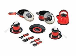 MeeYum Kids Pretend Play 14 Piece Pots And Pans Toy Kitchen Cookware Playset W Cooking Utensils Set Red