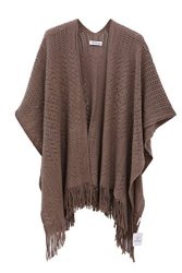 Knit Shawl Wrap For Women - Soul Young Ladies Fringe Knitted Poncho Blanket Cardigan Cape One Size Khaki
