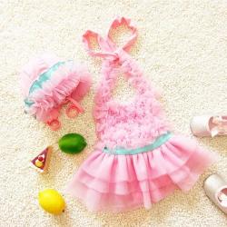 Baby Girl Princess Lace Bowknot Bikini Set Siamese Dress Cute Swimsuit With Hat Size: XXL Pink