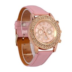 Coromose Women Crystal Decoration Dial Quartz Analog Leather Band Wrist Watch Pink