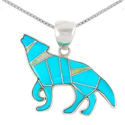 Coyote Wolf Necklace 925 Sterling Silver Genuine Turquoise & Lab Opal Pendant With 24" Chain