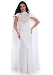Women Enlachic Rhinestone Long Formal Gown Wedding Party Cape Dress Gown White M