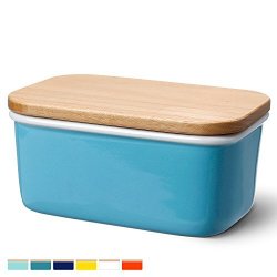 Sweese 3159 Large Butter Dish - Porcelain Keeper With Beech Wooden Lid Perfect For 2 Sticks Of Butter Steel Blue