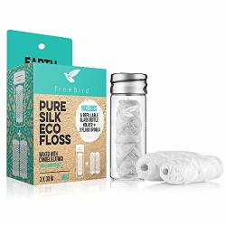 Biodegradable Dental Floss By Treebird Refillable & Reusable Zero Waste Glass Dispenser 3X33YD Waxed Natural Cruelty Free Peace Silk Spools 100%