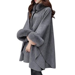Hot Wintialy Christmas Women Jacket Casual Woollen Outwear Fur Collar Parka Cardigan Cloak Coat Gray XL