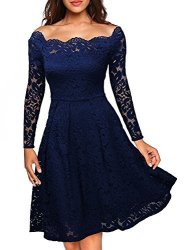 Chsgjy New Women's Vintage Lace Boat Neck Formal Wedding Cocktail Evening Party Swing Dress M Blue