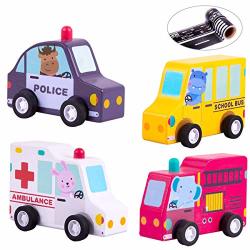 IPlay ILearn Baby Pull Back Car Play Set Build Your Own School Bus Fire Truck Emergency Vehicles Wooden Safe Toy Educational Creative Gifts For