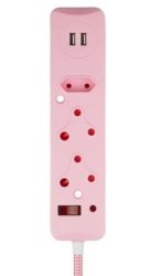 Switched 3 Way Surge Protected Multiplug With Dual 2.4A USB Ports 3M Braided Cord - Pink