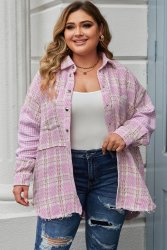 Pink Plus Size Tweed Plaid Houndstooth Print Jacket - 3XL SA46 UK22