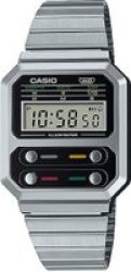 Casio Retro A100WE-1ADF Digital Square Stainless Steel Watch