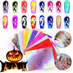 Prettydiva Holographic Flame Nail Stickers - 16PCS Halloween Fire Nail Art Decals Flame Reflections Tape Adhesive Sticker Foils Manicure Diy Decoration