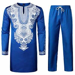 Lucmatton Men's African 2 Piece Set Long Sleeve Gold Print Dashiki And Pants Outfit Traditional Suit Royal White Large