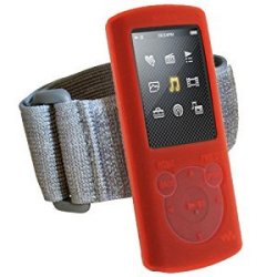 Igadgitz Red Silicone Skin Case Cover & Sports Gym Jogging Armband For Sony Walkman NWZ-E463 NWZ-E46