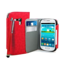Accessory Master- Red Leather Book Style Flip Cover Case A Red Stylus For Samsung Galaxy S3 MINI I81