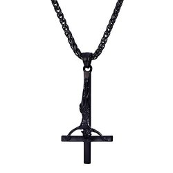 U7 Black Upside Down Crucifix Cross Pendant Satanic Jewelry Inverted Cross Necklace 3MM Twisted Metal Chain 26