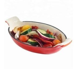 French Cast Iron Enamel Oval Baking Pan Lasagna Pan With Gift Oven Glove 25CM Red Orange