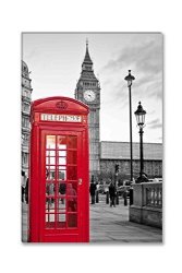 Smartwallart - City Landscape Paintings Wall Art Decor A Traditional Red Phone Booth In London With The Big Ben In A Black And White
