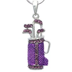 Soulbreezecollection Golf Clubs Bag Sports Pendant Necklace Pink Rhinestone Ladies Golf Sports Fashion Jewelry Purple