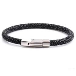 Black Stingray Leather Stainless Steel Bracelet - Medium 19CM