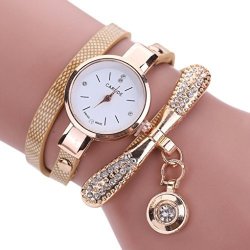 Watch Han Shi Fashion Women Leather Rhinestone Analog Quartz Wrist Watches Strap Bracelet M Beige