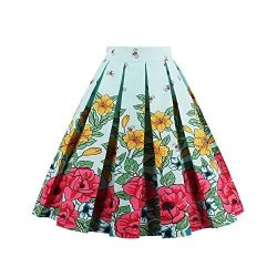 Women Yumdo Vintage Pleated Skirts A Line Flared Midi Skirt Yellow Flower XL