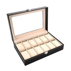 Watch Box 12 Slots Pu Leather Glass Top Display Watch Storage Box Case 12 Slots For Watches